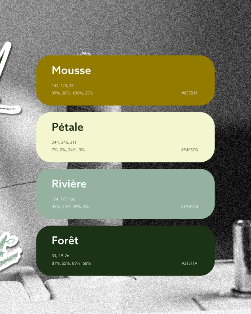 alette de couleurs naturelles utilisée pour l’identité graphique de Brindille & Bobine, marque de couture artisanale