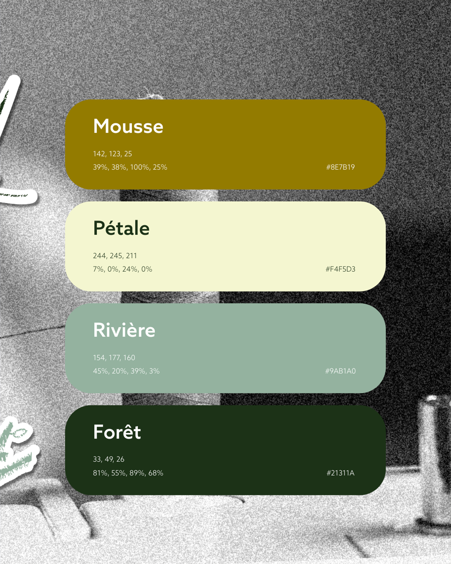 alette de couleurs naturelles utilisée pour l’identité graphique de Brindille & Bobine, marque de couture artisanale