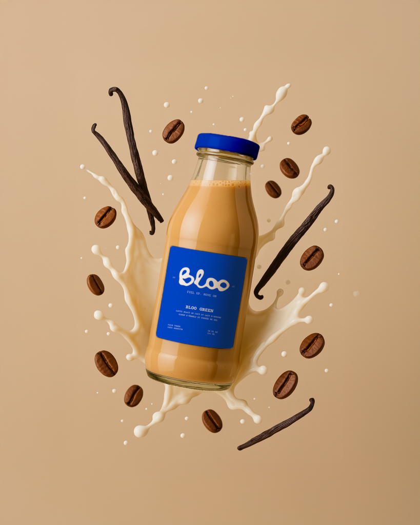 Mockup de bouteille Bloo avec latte glacé, éclaboussures de lait, grains de café et gousses de vanille