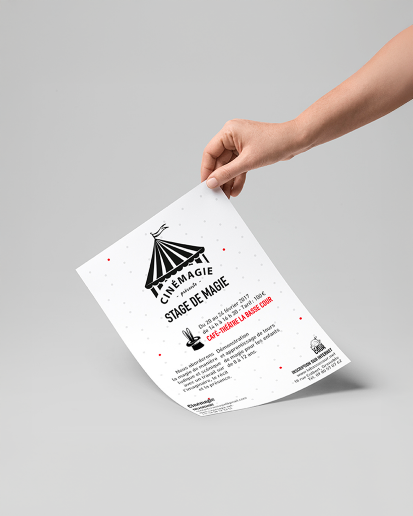 Affiche minimaliste en noir et blanc pour un stage de magie, avec une illustration de chapiteau de cirque.