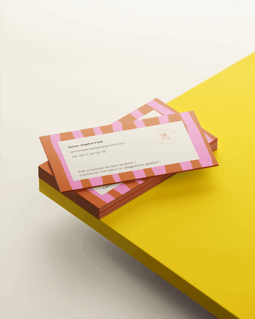 Carte de visite Alvésens avec motif graphique orange et rose, design professionnel Atelier Lomé