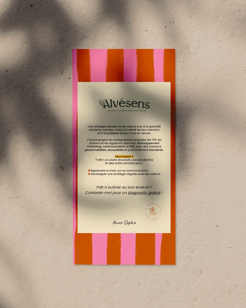 Flyer Alvésens présentant la mission et les valeurs de la marque, identité visuelle créée par Atelier Lomé.