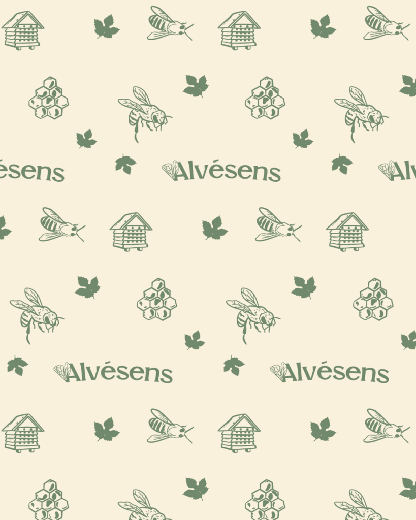 Motif graphique Alvésens avec abeilles, ruches et feuilles de vigne, identité visuelle créée par Atelier Lomé.