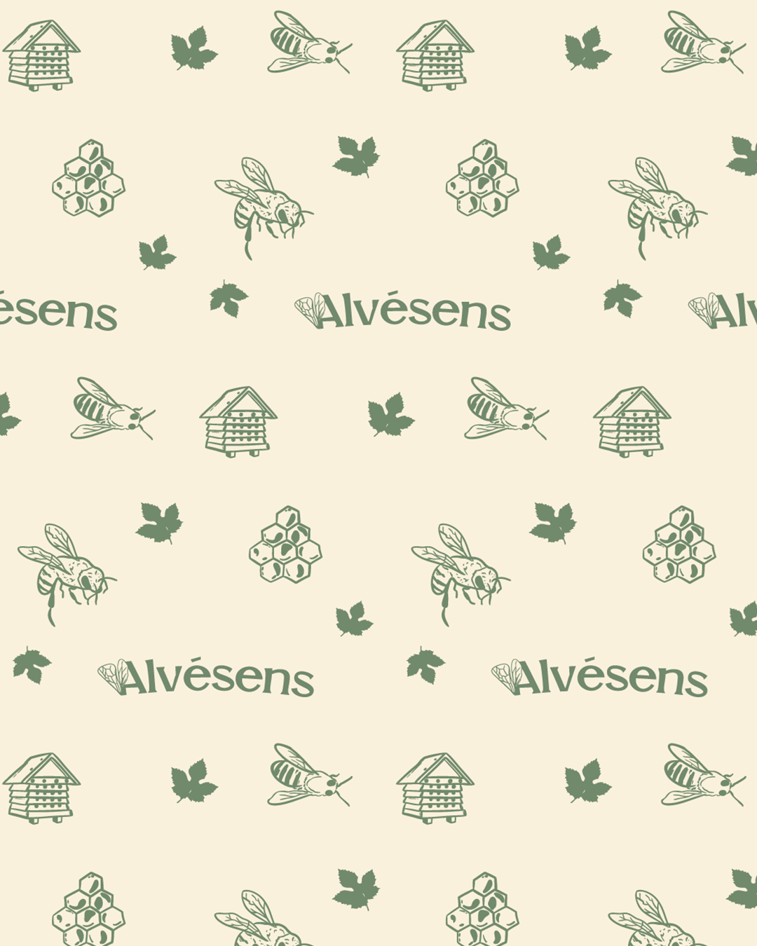 Motif illustré avec abeilles, ruches et logo Motif graphique Alvésens avec abeilles, ruches et feuilles de vigne, identité visuelle créée par Atelier Lomé.