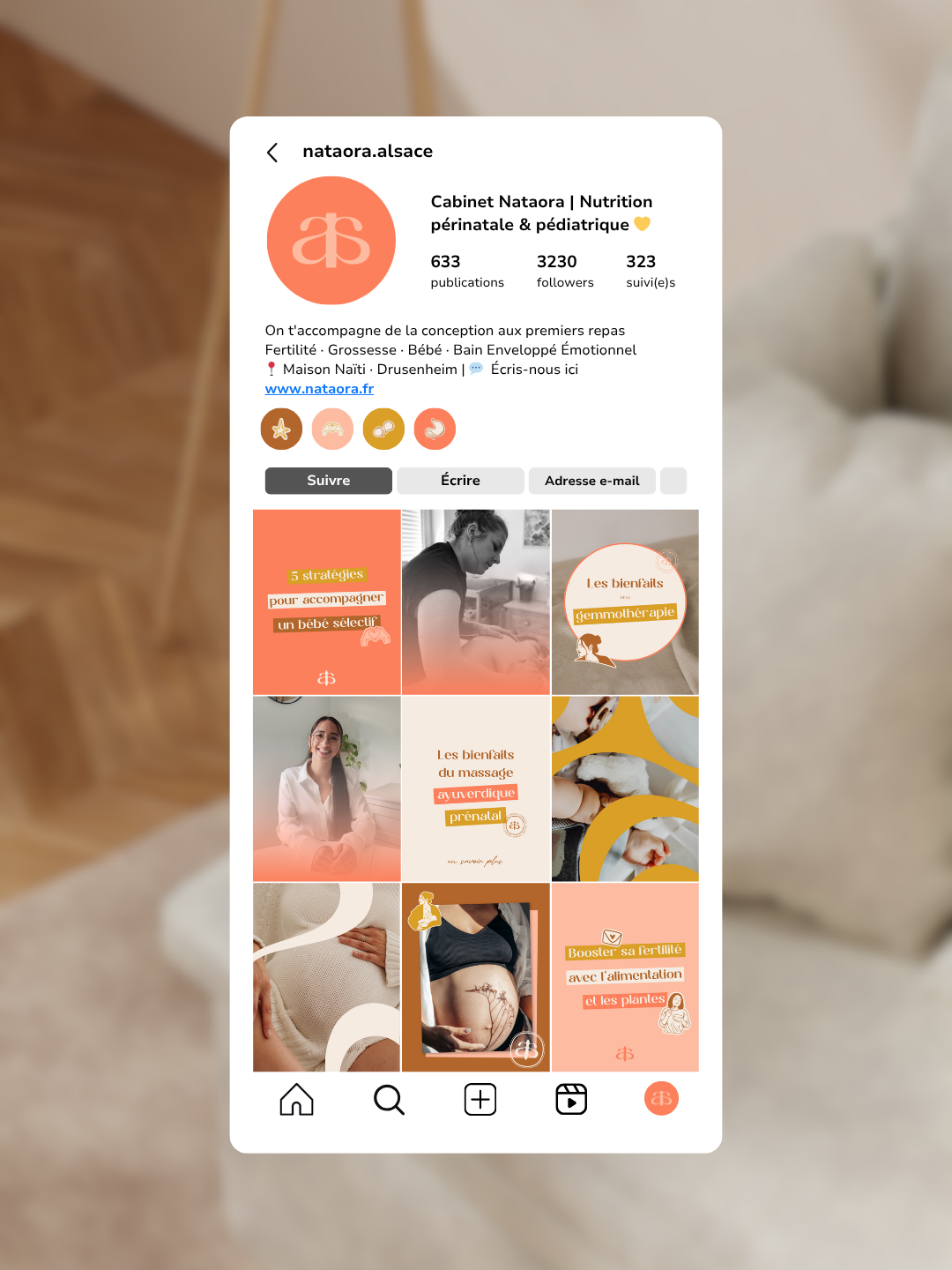 Mockup Instagram Nataora - kit réseaux sociaux cabinet diététicienne périnatale Alsace