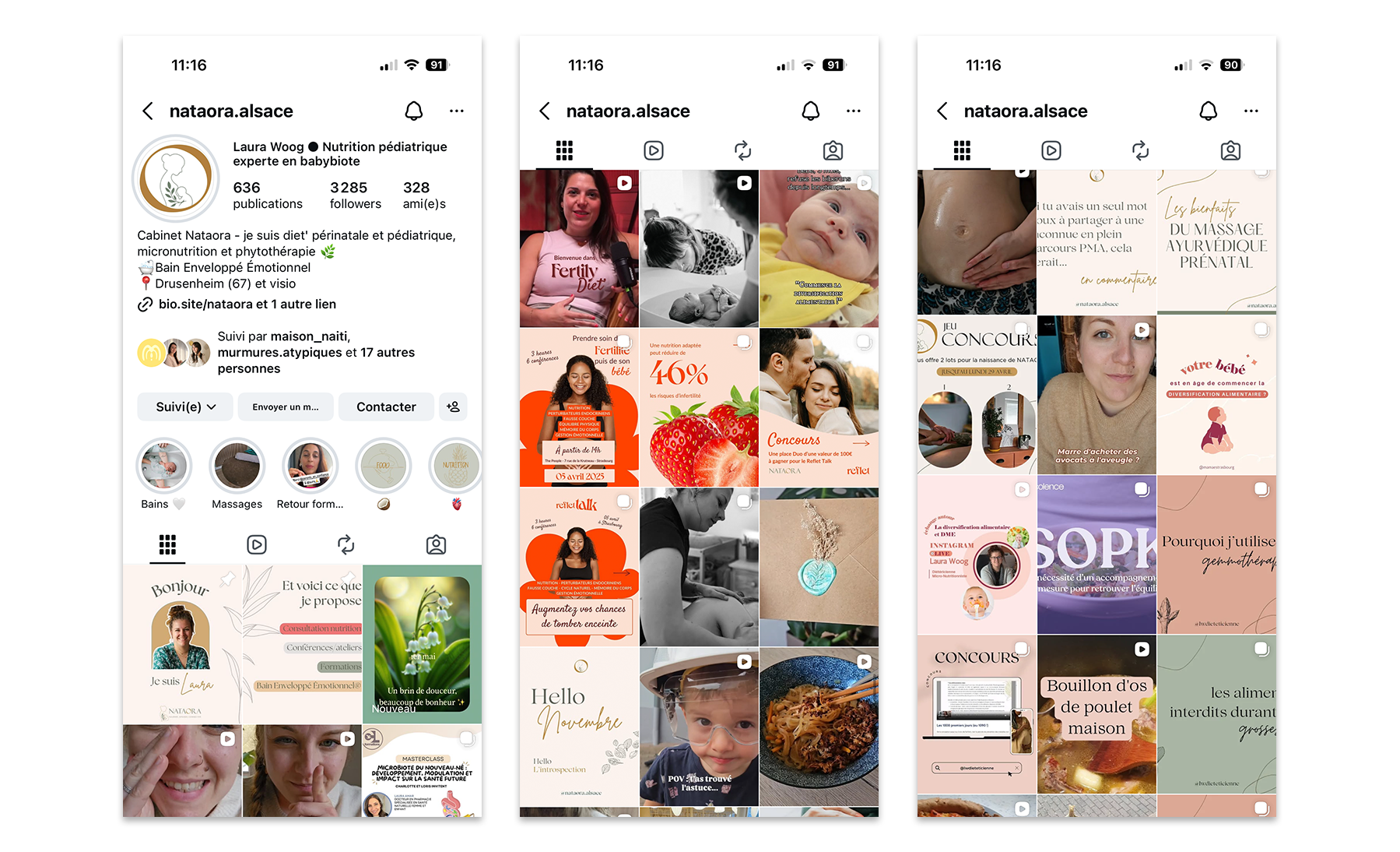 Avant après refonte identité visuelle Instagram Nataora - graphiste freelance Strasbourg